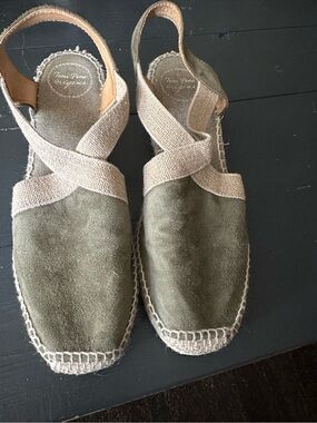 Toni Pons Olive Suede Espadrille Slingback with Beige Cross Straps